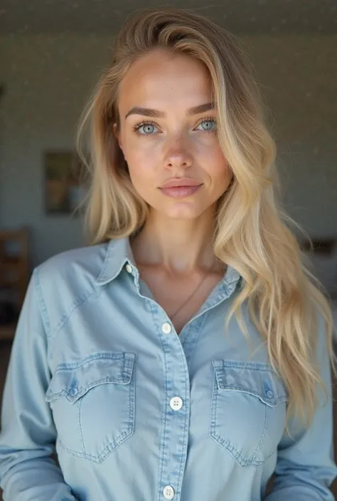 A blonde age girl with a face like this half round but natural and neither too fat nor very skinny, with her eyebrows half fat, , her fat tits and a light blue button shirt that, due to the size of her breasts, the buttons are about to break no matter how ...