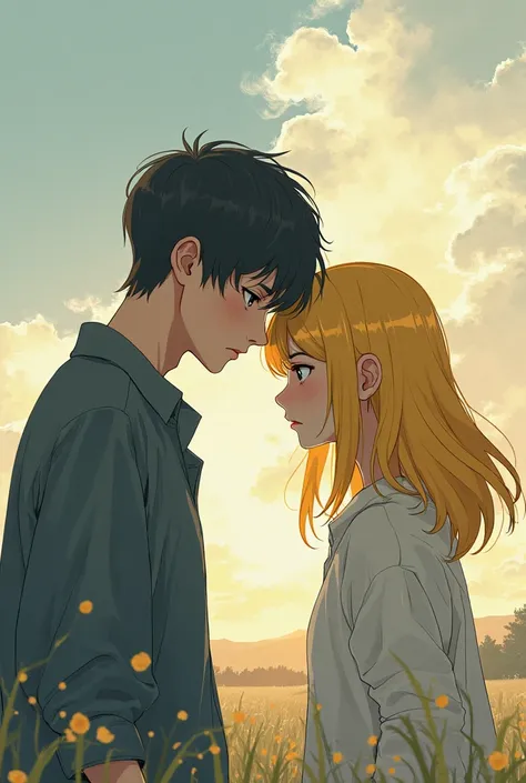 A young man and a girl with yellow hair and an anime picture are both turning their back on the other and looking sad