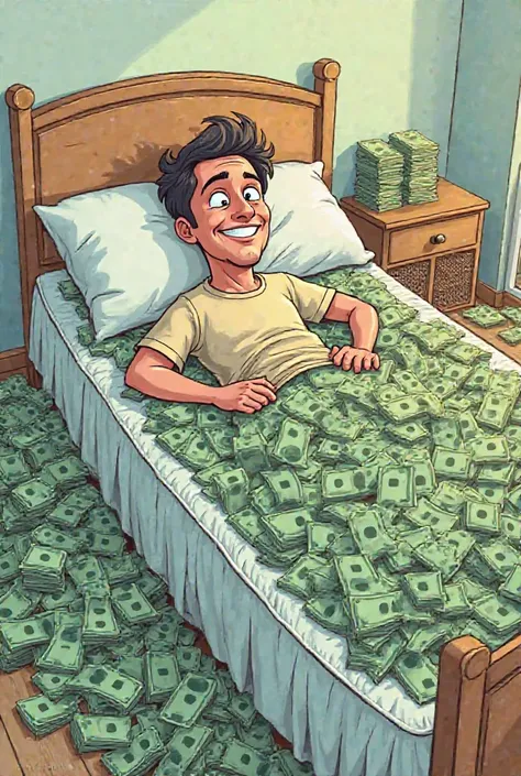 Cartoon of a man lying on a bed and under a mattress full of dollars 