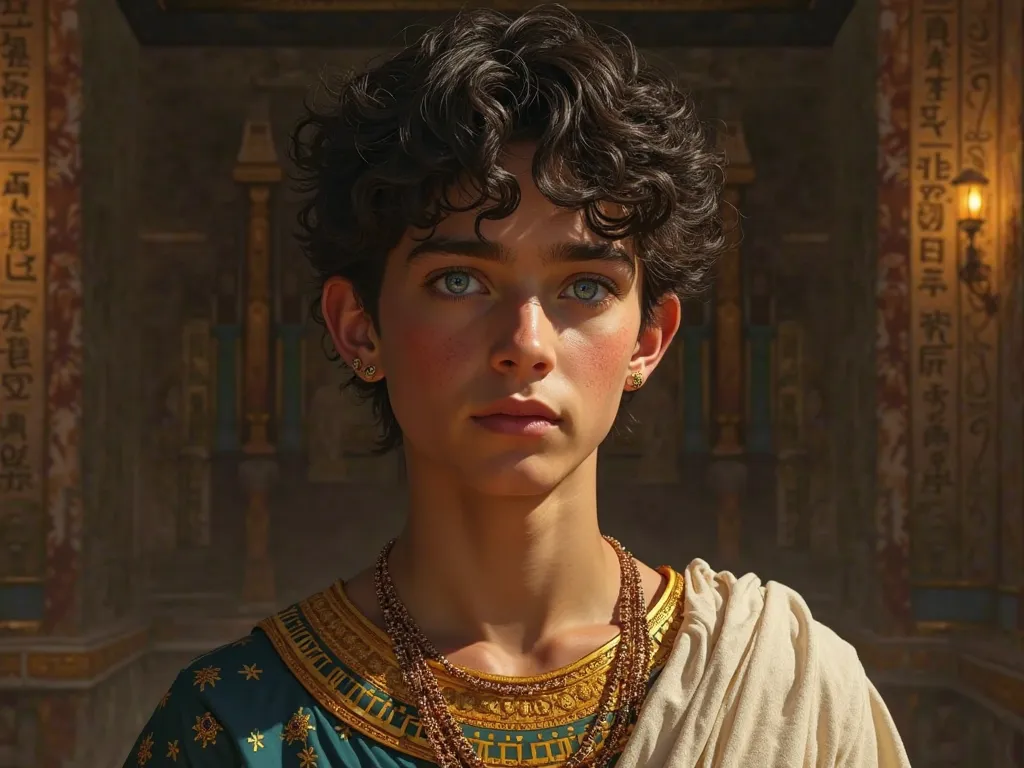 A hyper-realistic portrait of Atreus Ptolemaios, a young adolescent man with strong Greek and Egyptian features, deep blue-green eyes reflecting the depths of the sea, dark wavy hair with golden sun-kissed highlights. His skin carries the warm olive tone o...