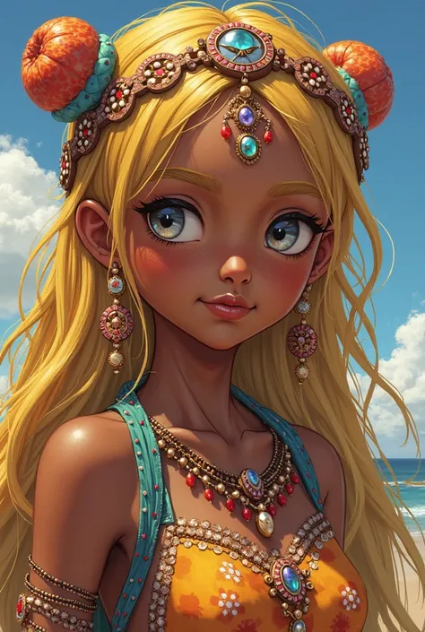 a black girl, wearing gypsy clothing, With lovely eyes, blond hair and in the style of the anime One Piece 