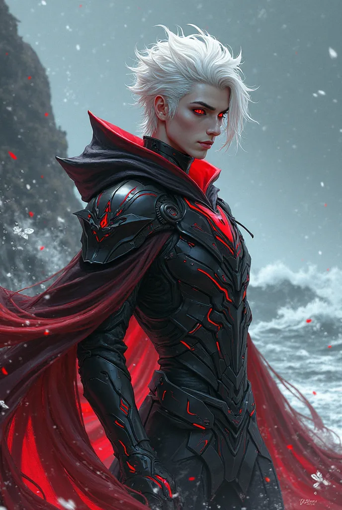 Human man, boy, Wuthering waves game, Genshin style, anime style, futuristic vampiric, draconic, white hair, white red and black clothing