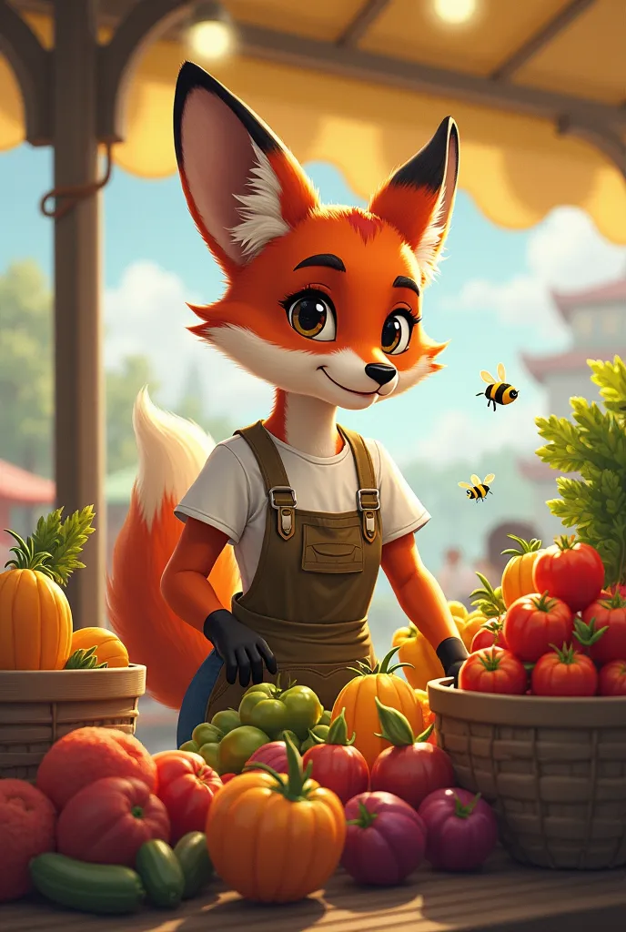 An anthropomorphic fox with a rustic apron, arranging fresh fruits and vegetables at a lively farmers' market. With a friendly smile, she greets customers while bees buzz around nearby flower baskets