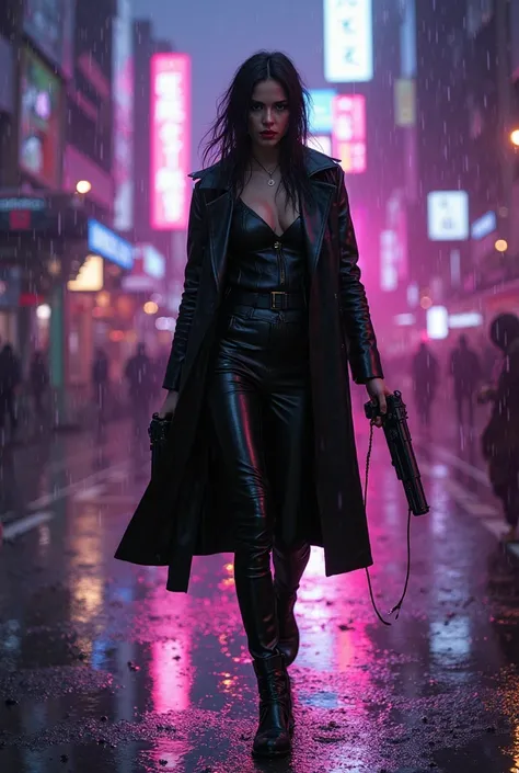 Very realystic image of a full body shot of Ana de Armas as Trinity in The Matrix walking on the street in a futuristic cyber Tokio with a big gun in each hand, everything is wet because of the rain, evening, almost dark, ambient shot, there's space around...