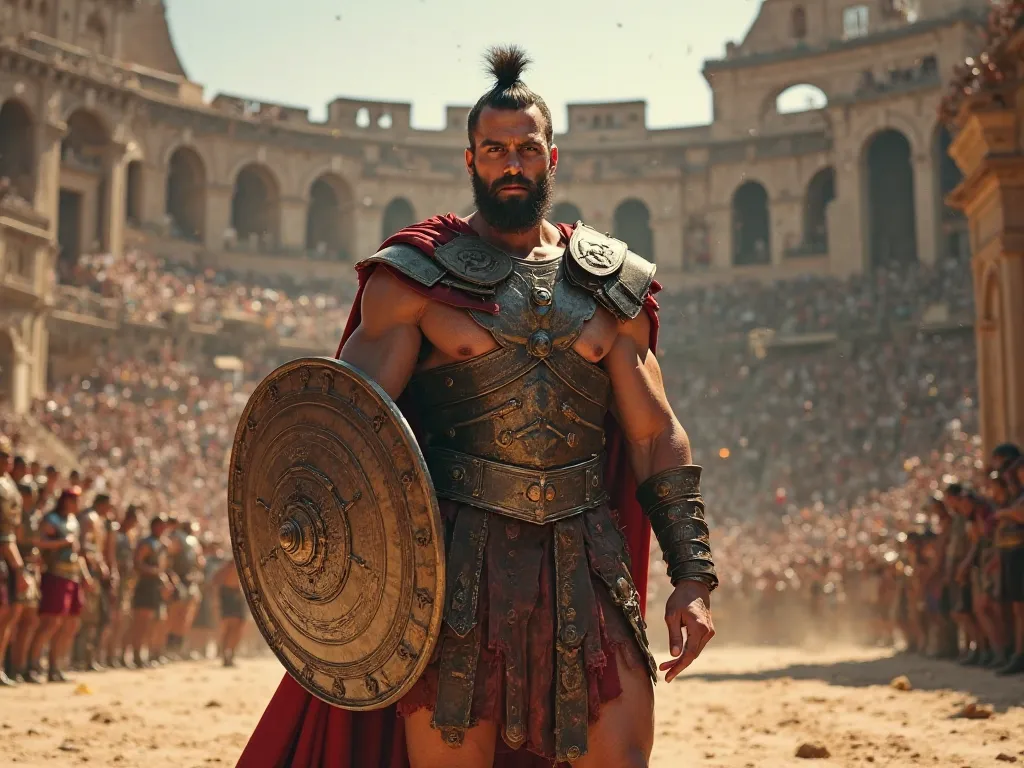 Image of Maximus facing off as a gladiator in the arena of the Colosseum