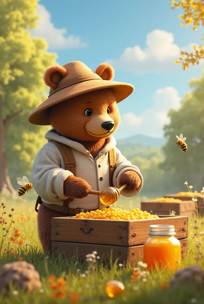 An anthropomorphic bear dressed in a beekeeper’s suit, gently harvesting golden honey from wooden hives. Bees peacefully fly around, and jars of fresh honey glisten in the warm sunlight