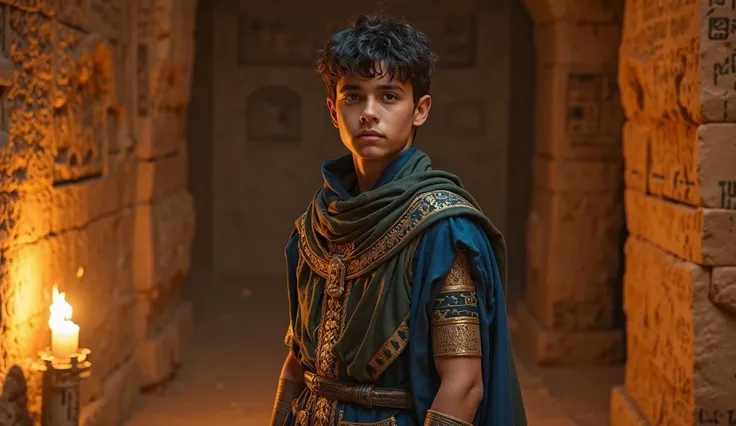 Atreus Ptolemaios, a adolescent man standing inside a hidden temple in the Sahara desert, the last surviving heir of the Ptolemaic bloodline. The dim light of torches flickers against the sandstone walls, revealing hieroglyphs and Greek inscriptions. He we...