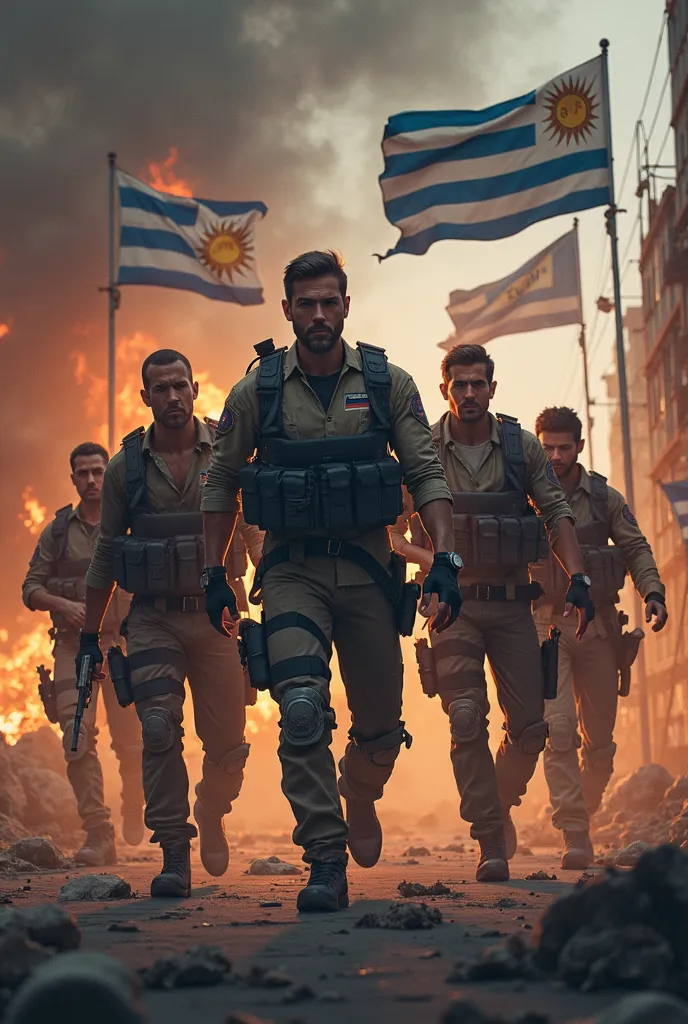 5 mercenaries,  with military clothing , armed, 4 men and a woman, city on fire. 2 banderas. Uruguayan flag and flag with a text that says Team Uy