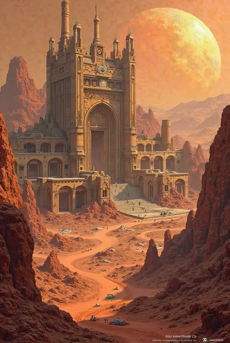 Create a detailed illustration of Ares Primus, a powerful kingdom established among the canyons and plateaus of Mars. Built on ancient Martian ruins, the kingdom stands like an impenetrable fortress, Protected by metal alloy walls and atmospheric domes tha...