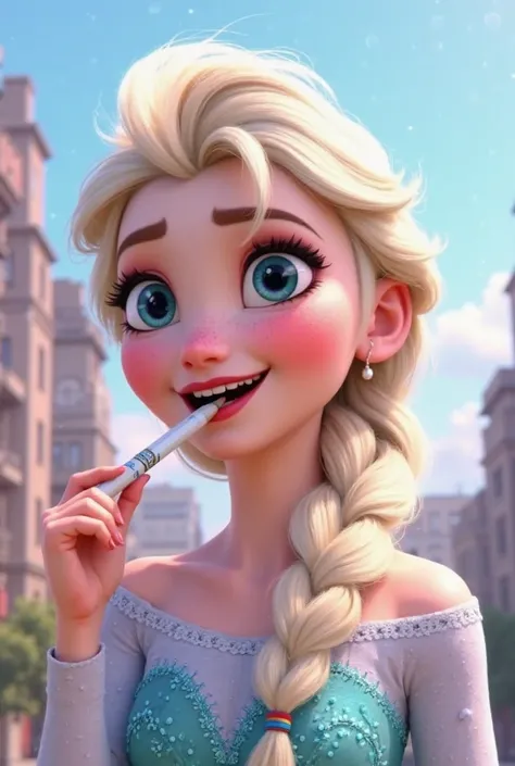 Tip: A very lovely Elsa from FROZEN being happy alone in Downtown San Diego in the sun… The illustration is a high definition illustration with 4k resolution., with highly detailed facial features and cartoon style visuals, close up of Elsa’s face biting a...