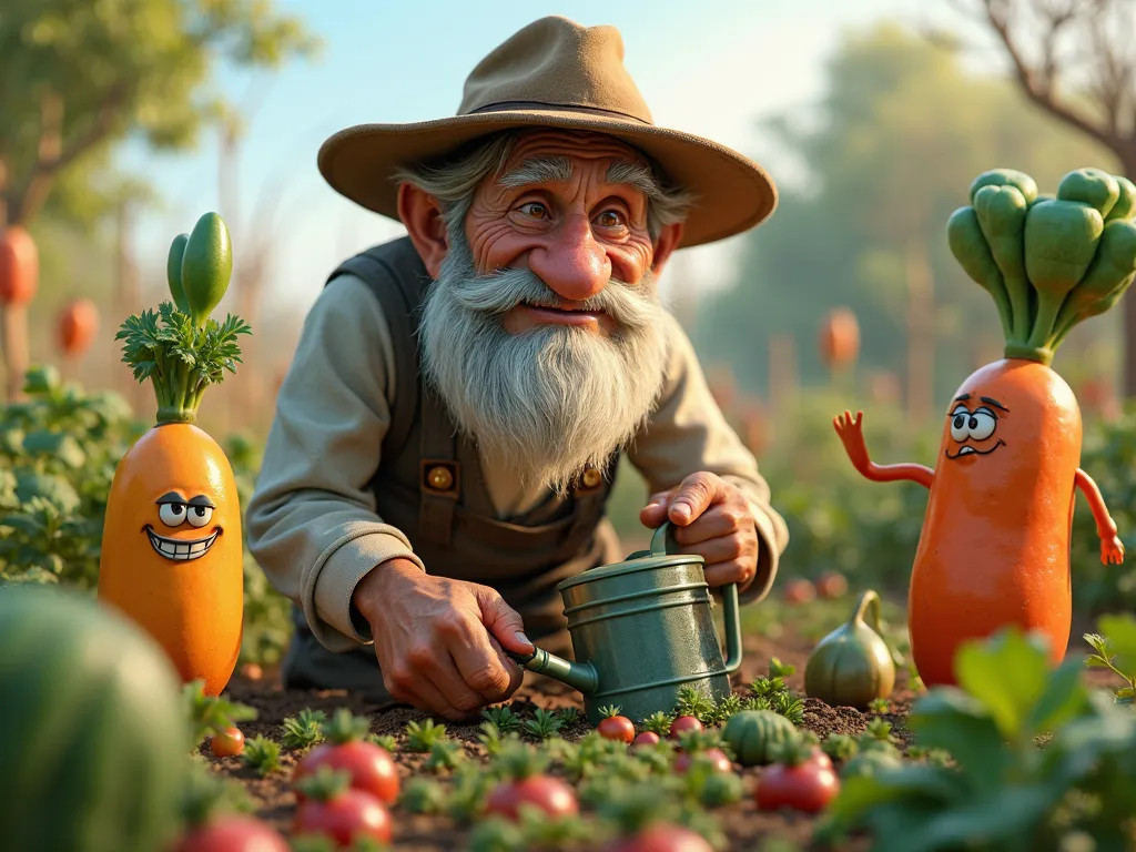 Un vieux bonhomme âgé usé par le travail , Gardener a hat ,   full body  ,Decor a vegetable garden Pixar funny humor  