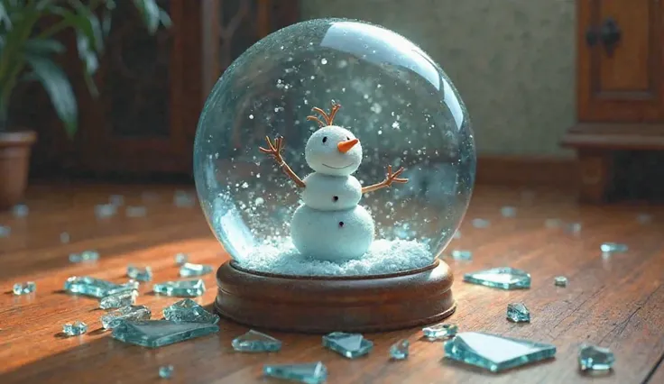 a snowman globe on the floor of a , It is broken and next to it there are several shards of glass,  Pixar style