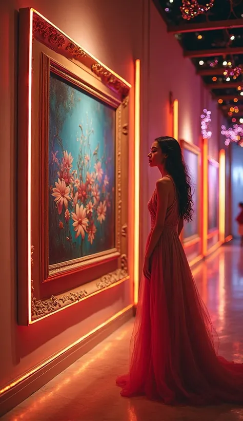 Artistic front photo of a design frame hanging with a woman next to each other in a fluid art exhibition in a famous contemporary art gallery at a carnival party and lots of lighting every day  
