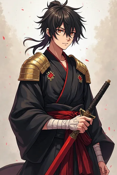 Age:  s
Altura: 1.62 m
Cabello: Jet black waist-length hair, usually tied in a messy ponytail.
eyes: Intense amber with a reddish sheen when wearing his Hoshigan.
Clothes: A black battle kimono with red details, with bandages on his arms and legs. He wears...