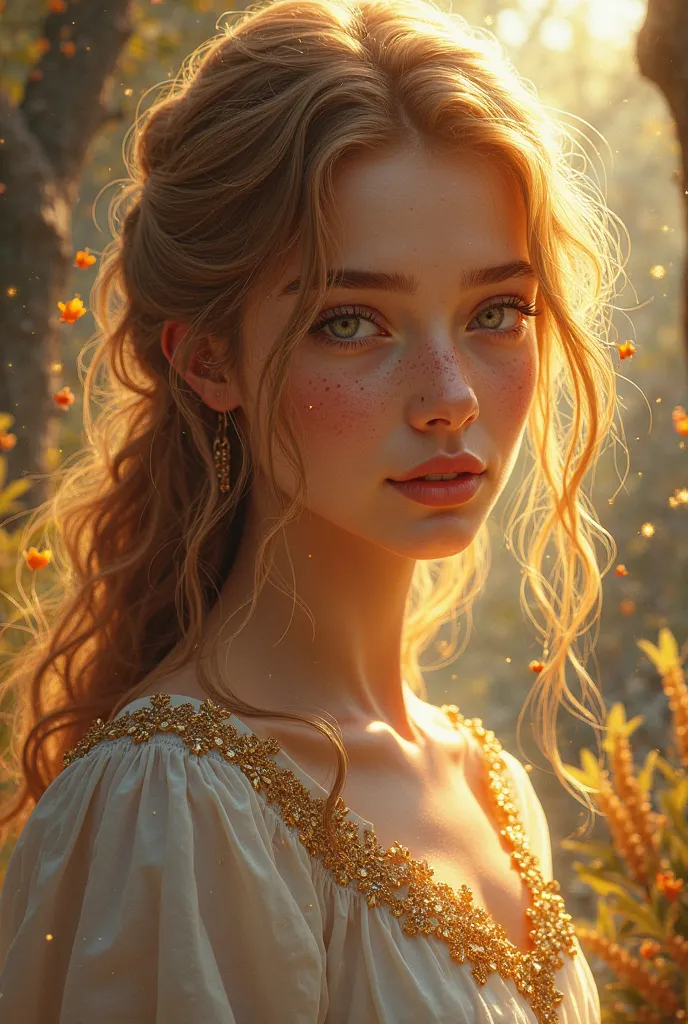 Create a realistic style cover with these 4 characters 
Auryelle
A young woman of ethereal beauty, with a presence luminous that radiates warmth and authority. Her hair is long and golden, with reflections that vary between wheat under the sun and polished...