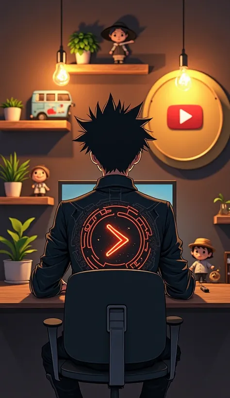 Create a image of a young male anime Cerector sitting a modern desk wearing a black futuristic jacket With glowing circuit pattern the character has spiky black hair and the background is a dark brown wall with floating wooden shelves holding a variety of ...