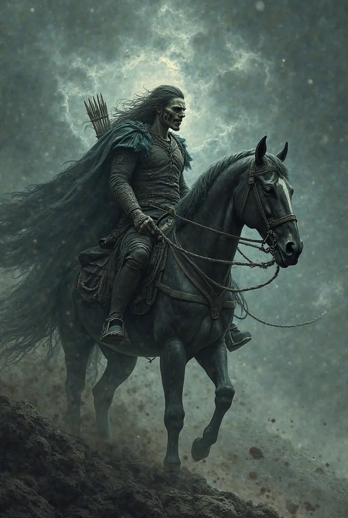 Orion riding a horse, holding a bow with his left hand while tightening the rope with his right, ready to shoot an arrow. His face should reflect a disturbing duality: half human, with pale, cracked skin, and the other half like a sinister skull. The style...