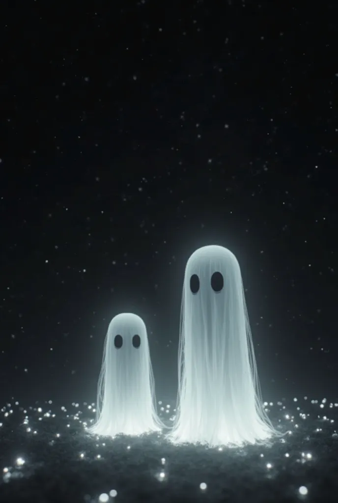 A half-black background with white lights with one or two ghosts looking at the camera and the ghosts have to be more anime