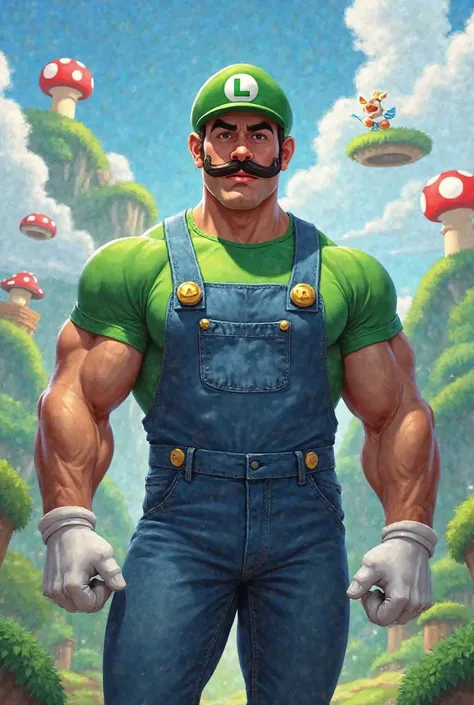 Faire un bel homme musclé en salopette de jeans avec gants blanc t-shirt vert , green cap with a white circle with a green L in the circle and a mustache with Mario's world in the background 