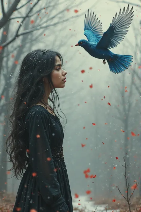 A girl with black hair and a dark black dress that has lost its shine looks at a bird flying away with red snow falling on it and wearing a blue dress colored in white