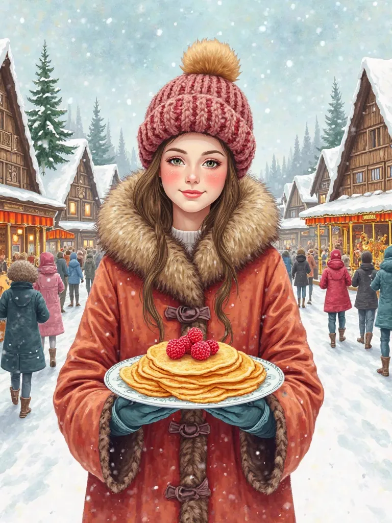 A  celebrating Maslenitsa, a traditional Slavic holiday. . In her hands she holds a plate with golden thin pancakes with raspberries. On her head she wears a traditional shawl and a fur coat. The background depicts a cheerful winter festival. Traditional w...