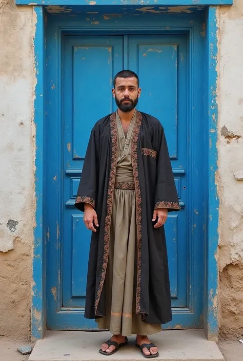 there is a man standing in front of a blue door, very very low quality picture, dressed thobe, traditional clothes, dressed with long fluent clothes, competition winning, a photo of a man, handsome man, wearing traditional garb, full body picture, very cle...