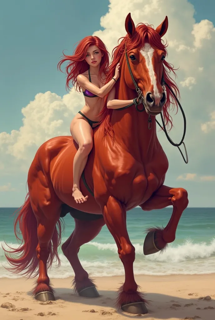 An anthro-furry red female horse with a dark red long-hair, a taller, very huge muscular body (arms, body, six-pack abs), large boobs, thicc thighs and hooves feet. Taller. Wearing on bikini, is riding on a human girl's shoulders. Female horse's hands are ...