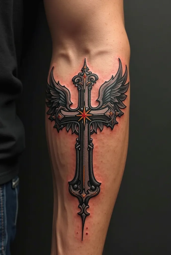 cross with wings forearm tattoo 