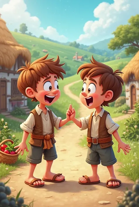 Cartoon of two  peasant boys arguing 