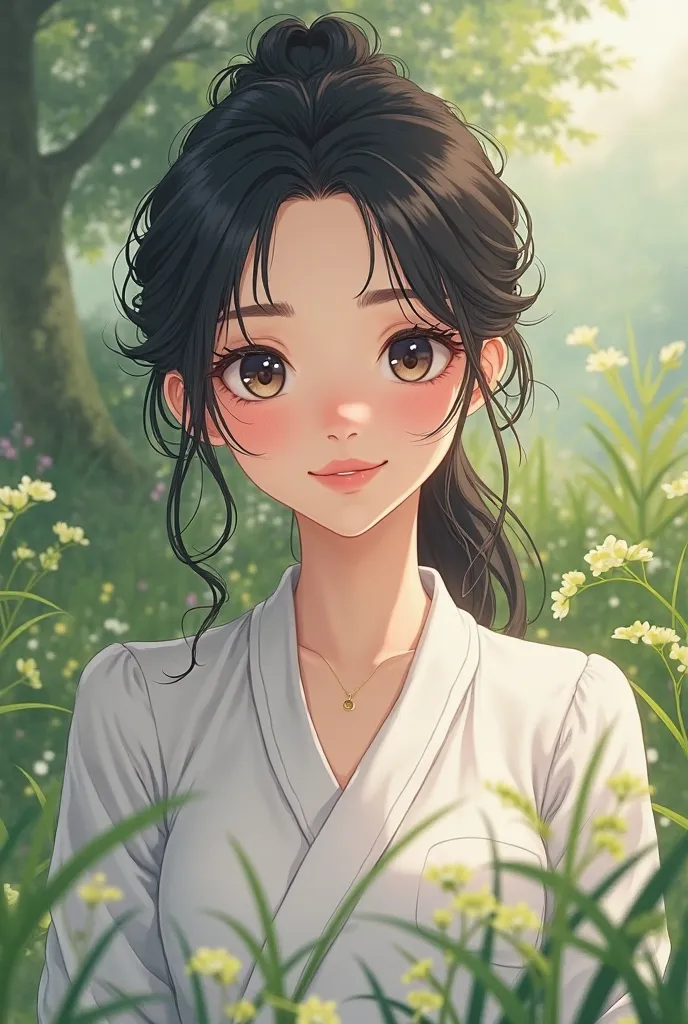 Anime Square picture and face close up. A beautiful rural village girl She is twenty years oldwith white skin and black hair, wearing a white rural dress and smiling, in a natural place anime.