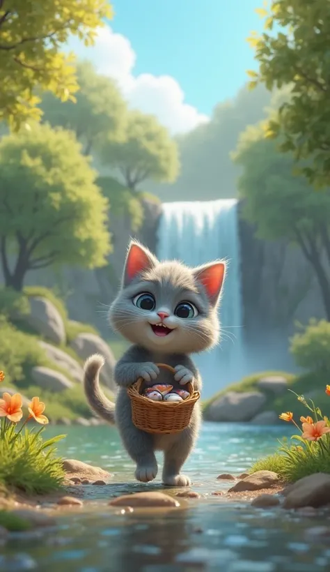 A cute, fluffy gray cat walking along a beautiful riverbank with a basket full of fish in its paws. The surrounding area is filled with lush, green trees, and in the background, a stunning waterfall cascades down into the river. The scene should feel peace...