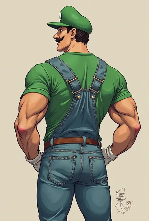 Faire un bel homme musclé en salopette de jeans avec gants blanc t-shirt vert , casquette verte avec un rond blanc avec un L vert dans le rond et une moustache avec le monde de mario bros reel en arrière-plan 