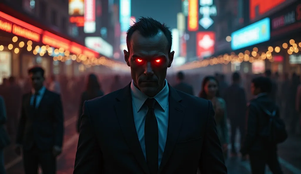 A hyper-realistic, cinematic 4K depiction of Satan subtly influencing humanity in a modern urban setting. The image portrays a shadowy yet alluring figure in an elegant black suit, blending seamlessly among the crowd. His eyes glow faintly with an eerie re...