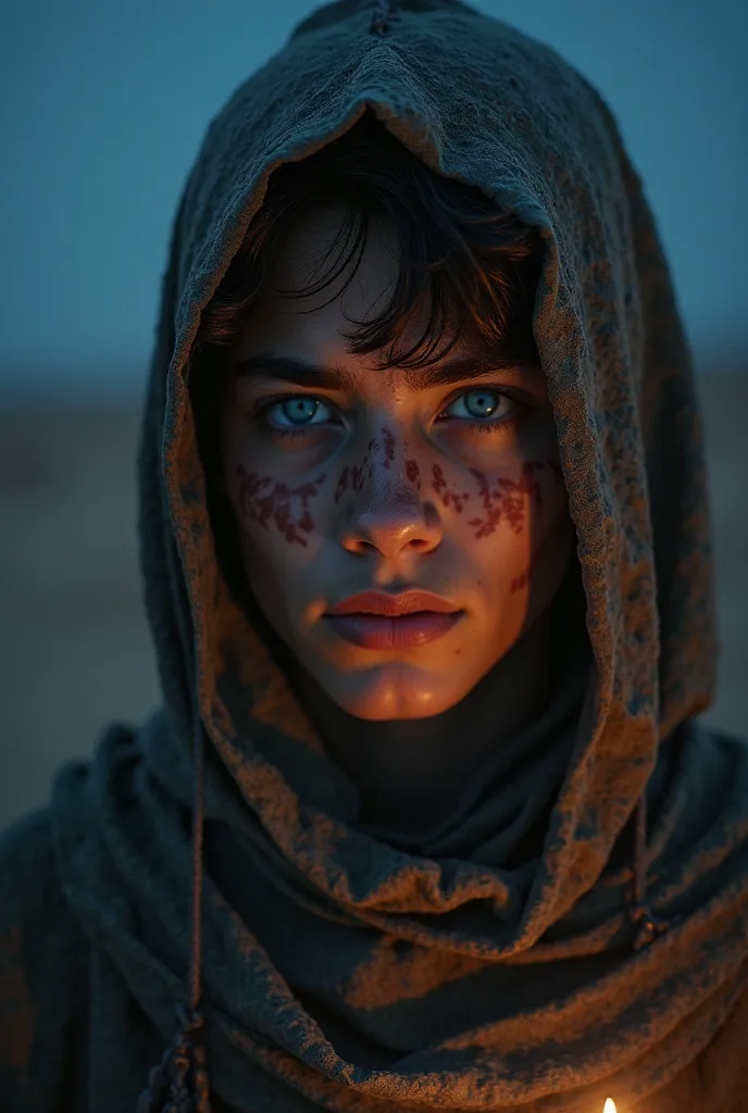 A shadowed, high-realism portrait of Atreus Ptolemaios, a adolescent man, deep blue eyes, partially hidden by the hood of his desert cloak. His sharp blue-green eyes glow faintly in the dim candlelight, and his face is marked by the faint golden tattoos of...