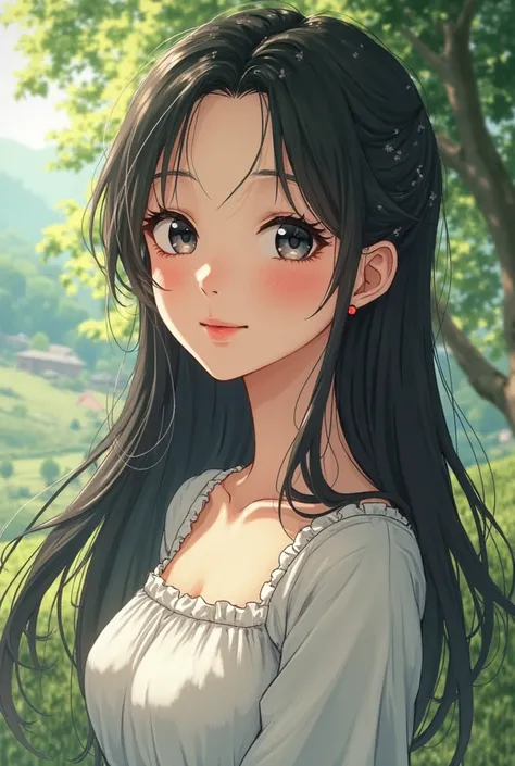 Anime square portrait and face close-up. A beautiful twenty-year-old natural village girl with white skin and black hair, wearing a country dress and smiling, in an anime natural setting.