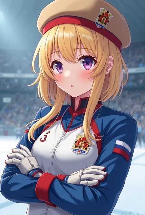 A blonde girl Clara Ash, purple-eyed, With a Russian aura, De Conflection Delgada, wearing a camel-colored beret, uniform of the Russian national team , goalie gloves, In Russia , Anime Style