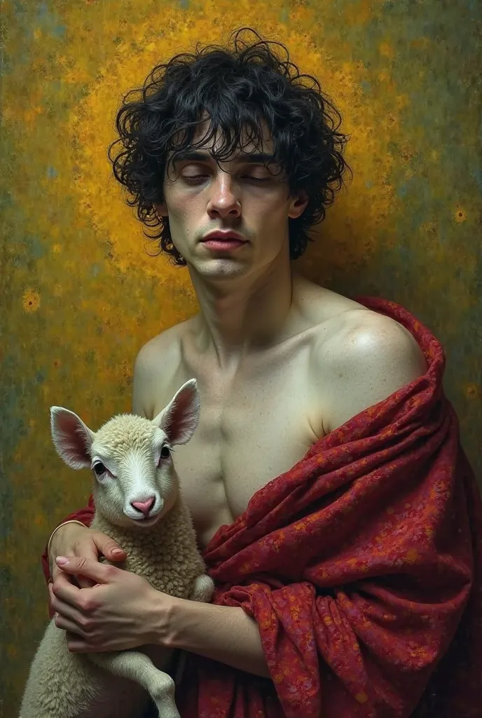 A pale white man , Victorian art style medieval, The colors yellow,  green and red ,purple. low lighting, shadow in your eyes he's not dressed, black hair, He's like a painting of Saint, There's a sheep