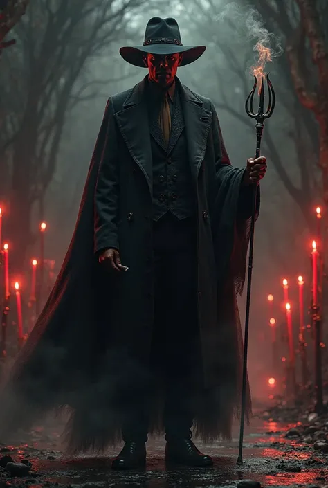 Create a powerful and mysterious image of Exu Tranca Rua das Almas. He must appear as a figure imposing and enigmatic, wearing an elegant black suit,  with a dark cover flowing . Your wide-brimmed hat partially covers your face, leaving only a penetrating ...