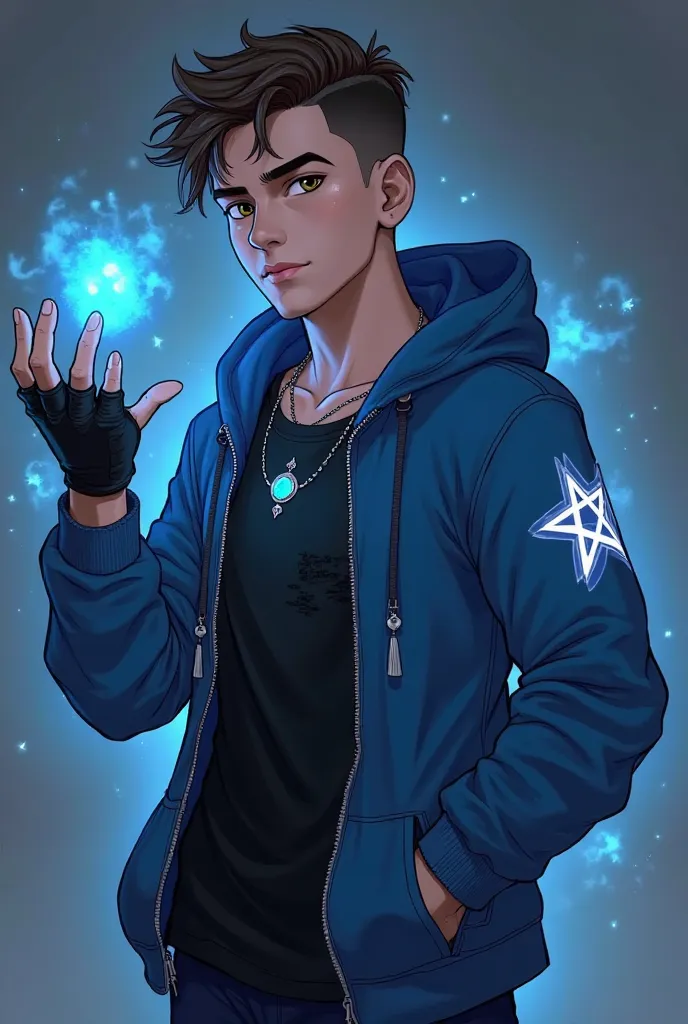 * age: 14
* male,
* height: 4'8
* weight: 55kg
* hair color: brunette 
* Hairstyle: undercut curly hair,

* sexuality: gay
 
* civilian outfit: A zipped open blue hoodie over a black distressed top and a black onyx gemstone necklace and black fingerless gl...