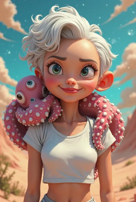 A grandmother wearing a white crop top and an octopus as a pet animal in cartoon mode 