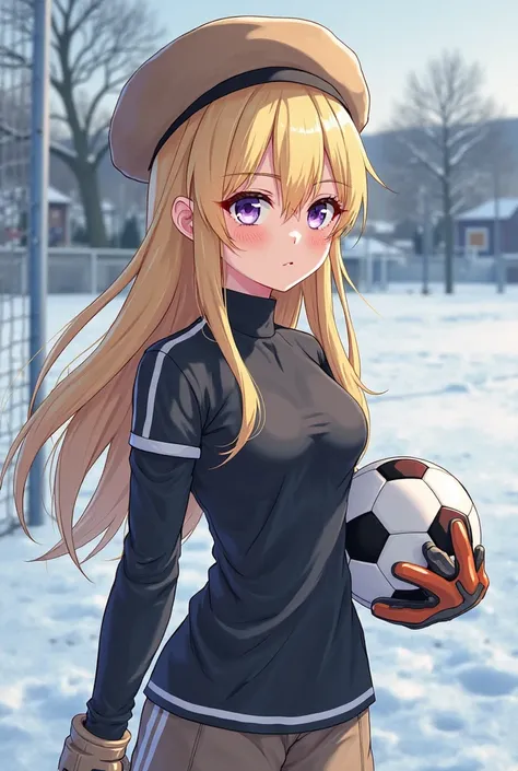 A blonde girl Clara, purple-eyed, With a Russian aura, De Conflection Delgada, wearing a camel-colored beret, black long sleeve blouse, goalie gloves, pans Deportivo Negro, In Piedmont Italy, is on a soccer field in the goal, The area is snowy, Anime Style