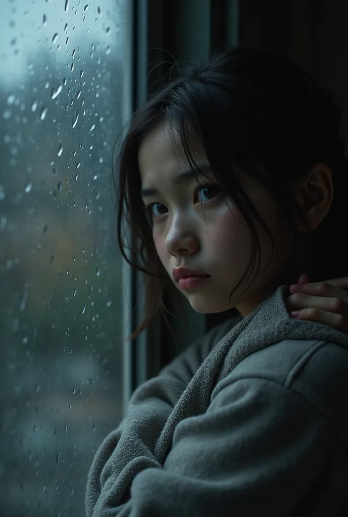 close-up of anxious girl looking outside the window in a rainy night