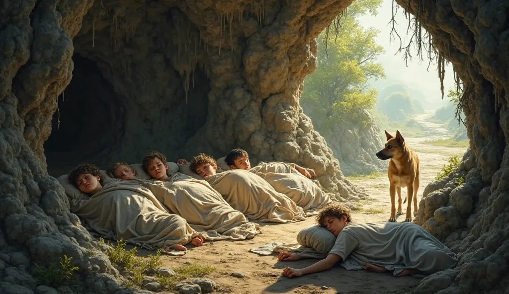 inside the cave. The boys sleep deeply, their faces are calm as if they are in a long sleep.. goes by the days, then the months, then the years.. They turn into! The sun rises and sets, sends its rays towards the entrance to the cave without hurting them, ...