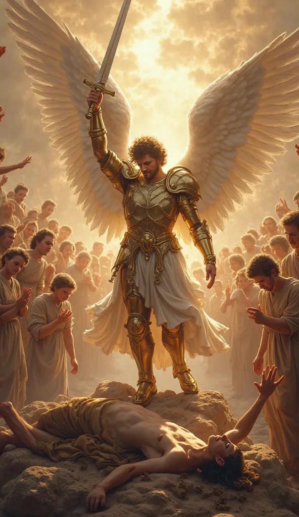 "The archangel Michael is depicted triumphantly driving his sword into Lucifer, who lies defeated on the celestial ground. Michael stands tall and powerful, his armor shining brightly, symbolizing divine strength and righteousness. Surrounding them are num...