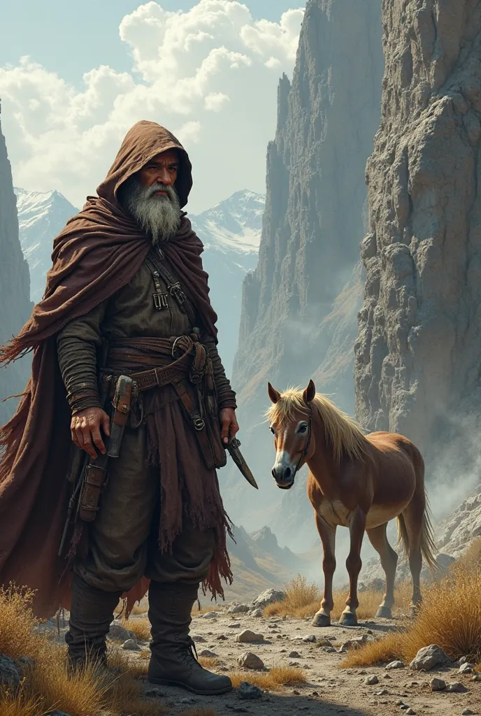  1man, middle-age male short man, bandit, knife in hand, brown hooded cloak, hood on, standing beside pony, cliffs 