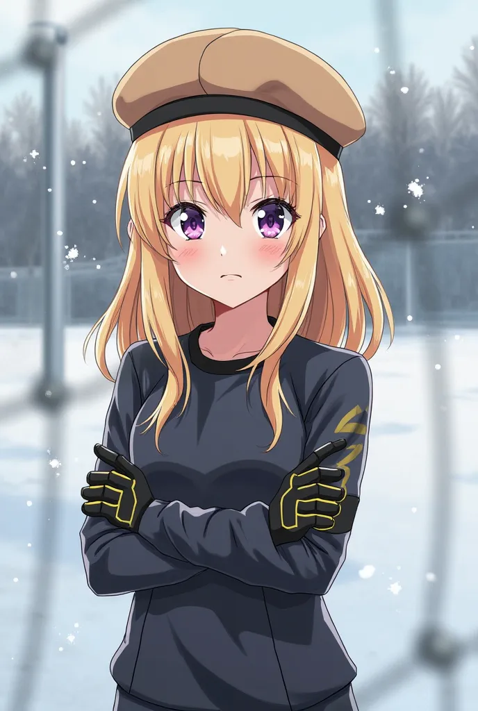 A blonde girl Clara, purple-eyed, With a Russian aura, De Conflection Delgada, wearing a camel-colored beret, black long sleeve blouse, goalie gloves, black sports pants, In Piedmont Italy, is on a soccer field in the goal, The area is snowy, Anime Style, ...