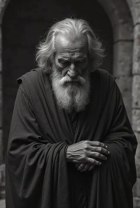 Create an image that reflects the holiness of a man from the biblical era in black and white