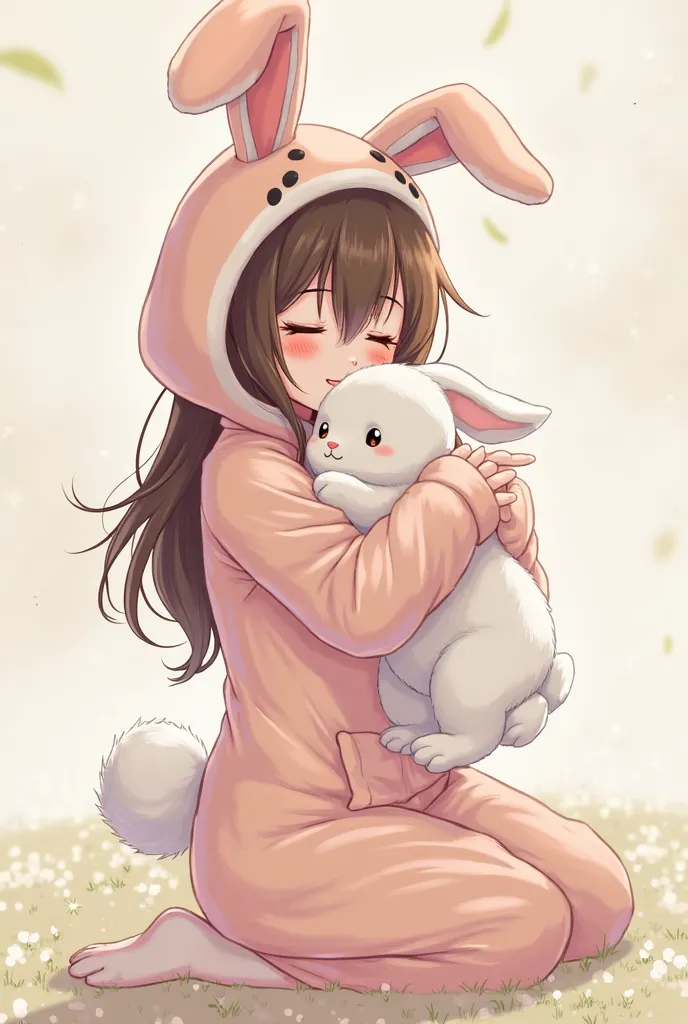 Create me a picture of a brunette girl in a bunny costume with a bunny in her arms cuddling silently in the anime