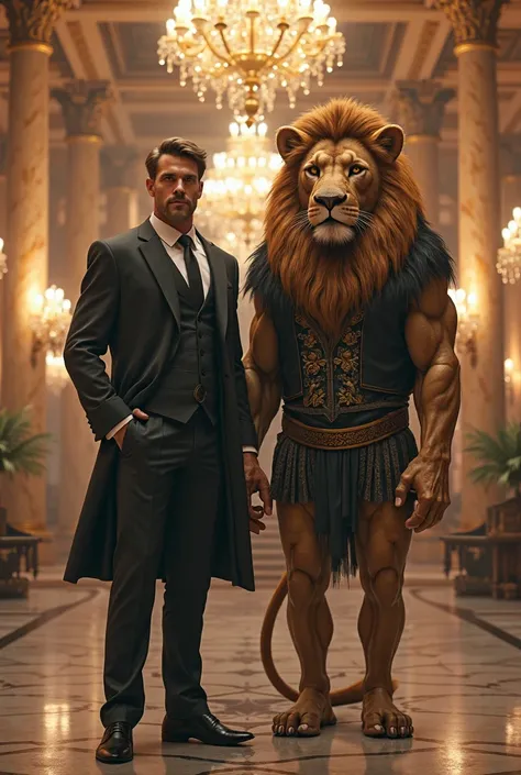 An impressive scene in a luxurious palace with a man in an elegant suit next to a giant, muscular humanoid lion, that wears a black vest with gold details. The Man,  with a sturdy appearance , is standing next to the lion, that has a majestic and imposing ...