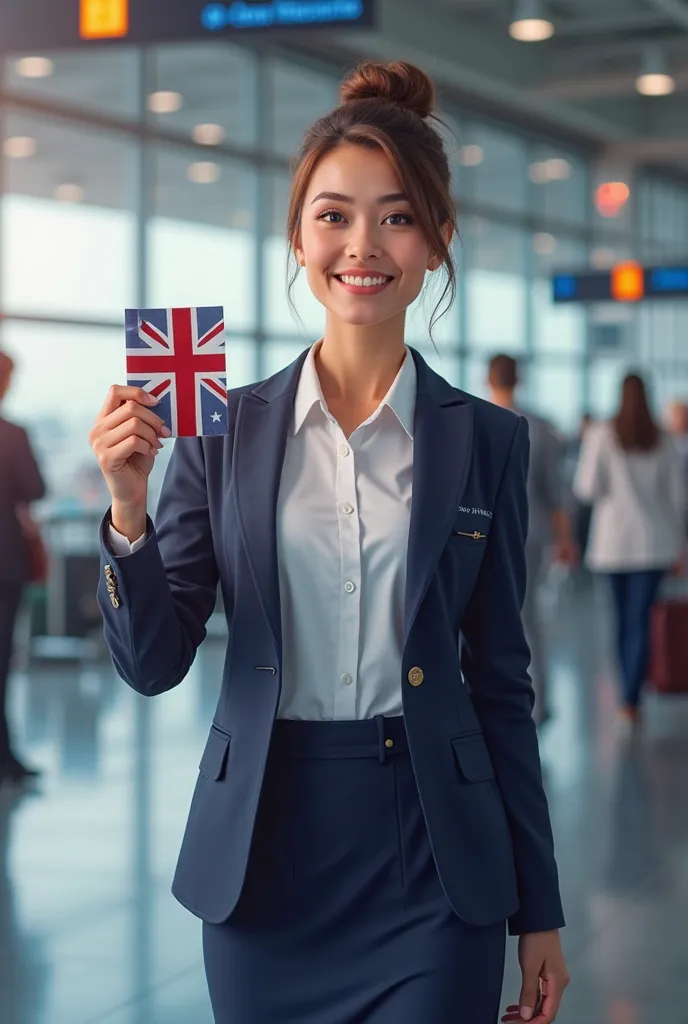 front pose of a woman nurse in  formal dress on airport, showing her UK visa and looking very happy